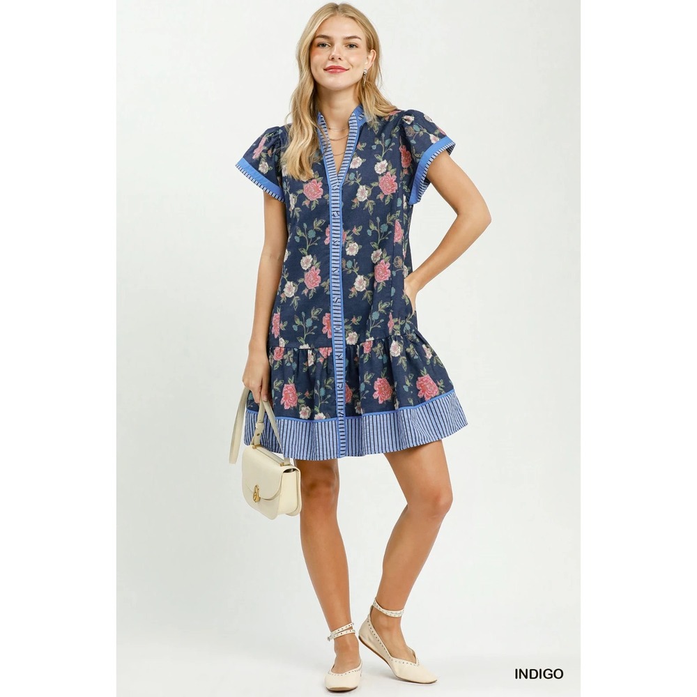 Umgee Floral Contrast Trim Ruffle Hem Mini Dress - Indigo - Medium - Picture 5 of 6
